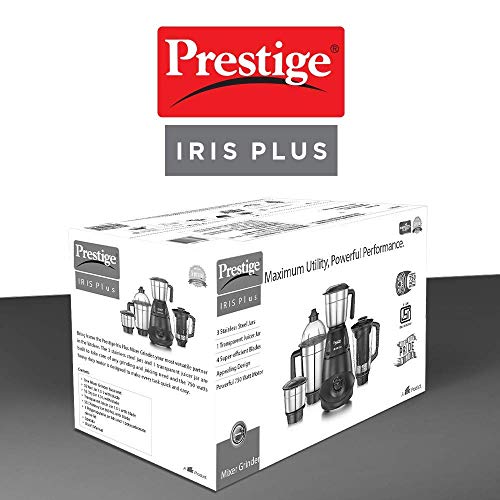 Prestige IRIS Plus 750 W Mixer grinder with 4 Jars (3 stainless steel Jars+ 1 Juicer Jar)| 4 Super efficient stainless blades | 2 years warranty| Black