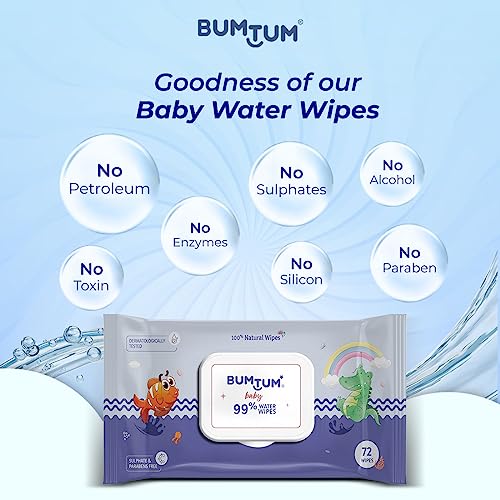 Bumtum Baby Gentle 99% Pure Water Soft Moisturizing Wet Wipes With Lid | Aloe Vera & Chamomile Extracts | Paraben & Sulfate Free (Pack of 3, 72 Pcs. Per Pack)