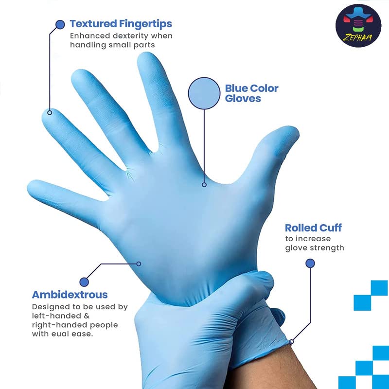 Zepham Powder-Free Nitrile Gloves, Food Grade, Non Tearable, CE & FDA Approved, Made in Malaysia, Blue- 100 Pieces (Large) Full Pcs Guaranteed, Non-Sterile