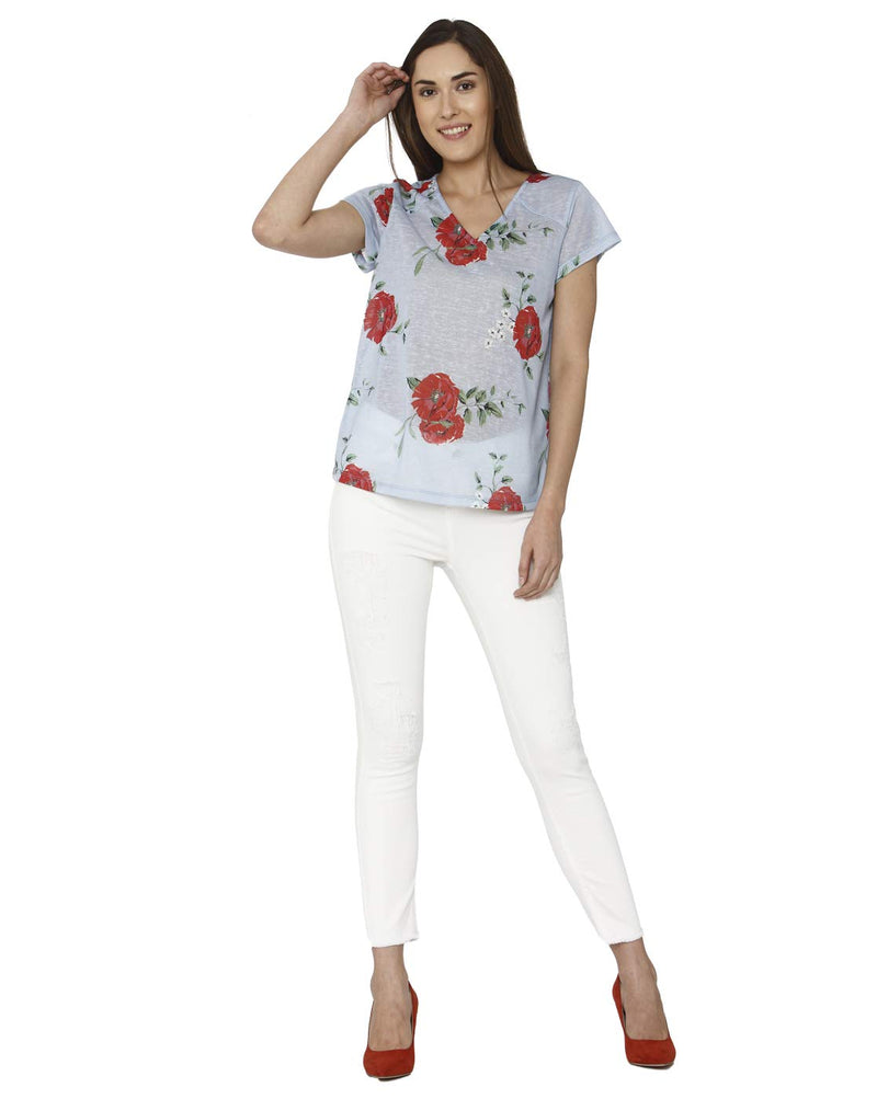 Vero Moda Women's Floral Regular fit Top (2044089005_Chambray Blue Small)