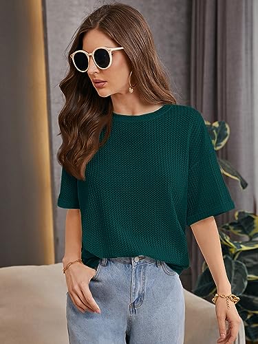 Zilcon Womens Cotton (Waffle) 2023 Summer Spring Half Sleeve Round Neck Casual Loose Tunic Tops Blouses (X-Large, Teal Green)