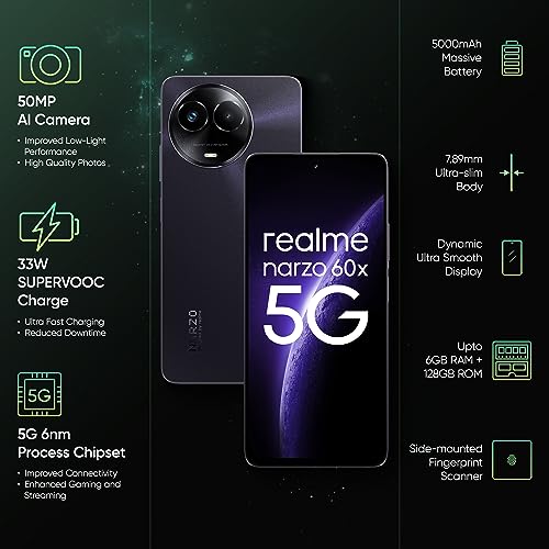 realme narzo 60X 5G（Nebula Purple 4GB, 128GB Storage） Up to 2TB External Memory | 50 MP AI Primary Camera | Segments only 33W Supervooc Charge