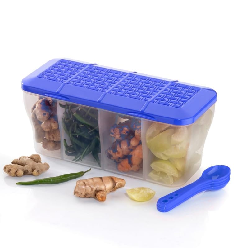 E-COSMOS 4 section container for vegetables,dryfruits,spices,grocery,pickles,and multipurpose 4 in 1 box for kitchen & Storage Containers Airtight,Cereal 1800 ML with 4 Spoons - Multi, Plastic (Blue)