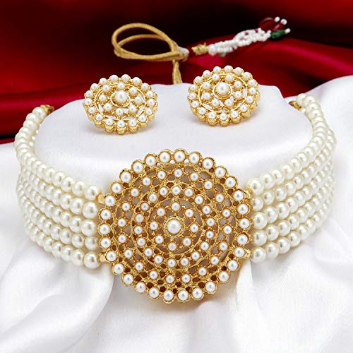 Sukkhi Lavish Gold Plated White Pearl Choker Necklace Set with Stud Earring for Women