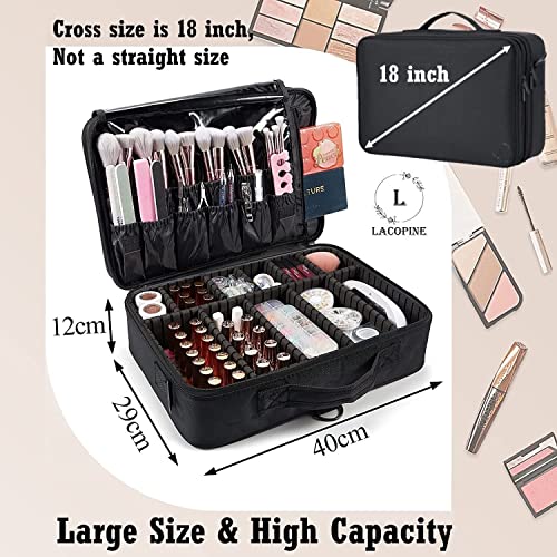 LACOPINE Travel Professional Makeup Case Organizer Bag for Women | Portable Artist Storage Makeup Brush Bag with Adjustable Dividers (Black, 18 INCH (2 Layer))