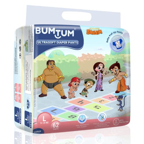 Bumtum Chota Bheem Large Baby Diaper Pants, 62 Count, Leakage Protection Infused With Aloe Vera, Cottony Soft High Absorb Technology (Pack of 1)