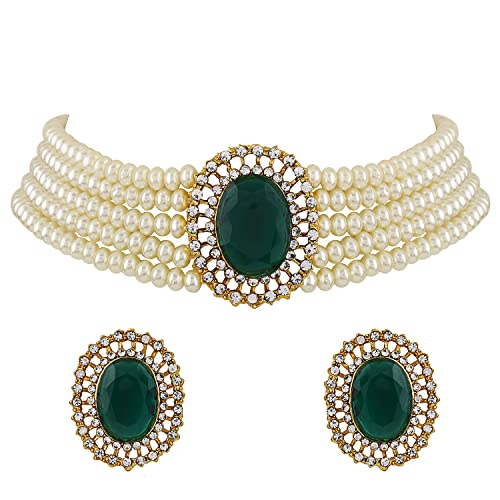 Shining Diva Fashion Latest Stylish Fancy Choker Traditional Pearl Necklace Jewellery Set for Women (12550s), Green, One