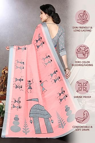 SOURBH Women's Plain Weave Cotton Blend Tribal Art Warli Printed Saree with Blouse Piece (12255-Peach)