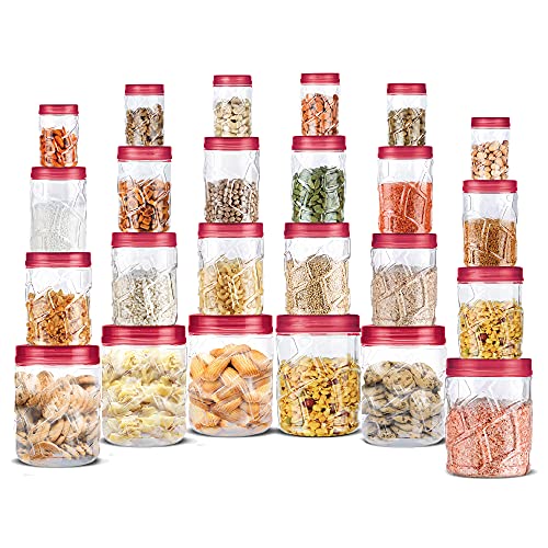 MILTON Vitro Plastic Pet Storage Jar and Container, Set of 24 (6 pcs x 270 ml Each, 6 pcs x 665 ml Each, 6 pcs x 1.24 Ltrs Each, 6 pcs x 1.85 Ltrs Each), Red Wine | Food Grade | Air Tight | BPA Free