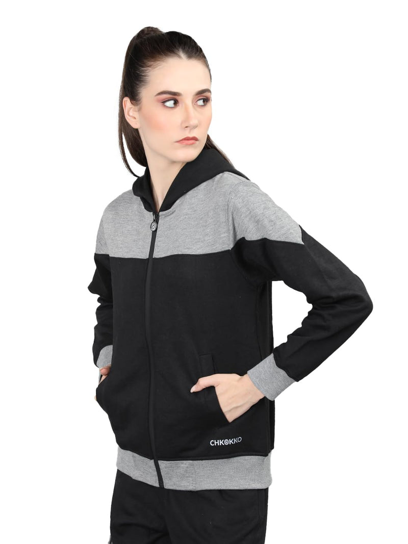 CHKOKKO Women Winter Sports Zipper Hooded Stylish Jacket Light Grey Black XL