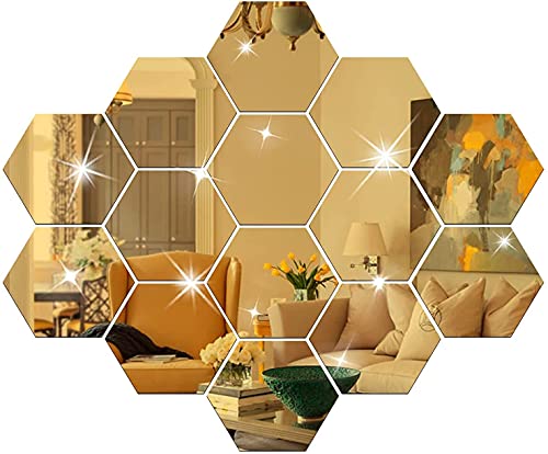 WallDaddy Super Hexagon Wall Decor (14PCS) Golden Acrylic Mirror for Wall Stickers for Bedroom | Mirror Stickers for Wall Big Size (10.5x12.1) Cm Sticker Decoration