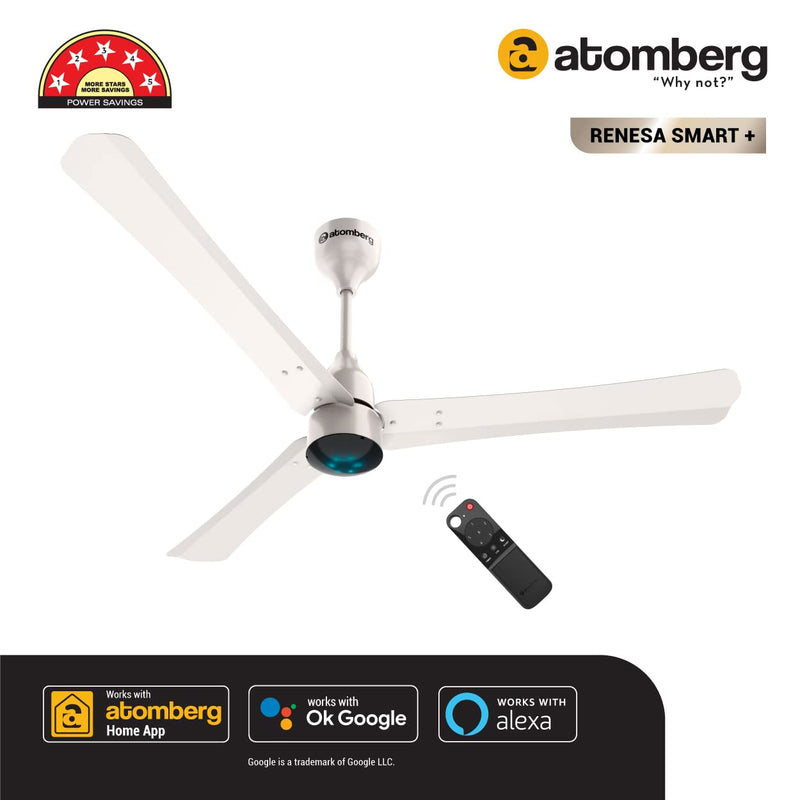 atomberg Renesa Smart+ 1200mm BLDC Motor 5 Star Rated Ceiling Fan with IoT and Remote | Smart and Energy Efficient Fan with LED Indicators | Saves Upto 65% Energy | 2+1 Year Warranty (Pearl White)