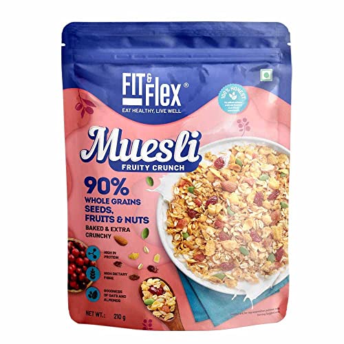 Fit & Flex Muesli Baked and fruity Crunch Healthy Cereals Breakfast High Protein Snacks Ready to Eat Oat Rich Cereal Fruit and Nuts - Pack of 1, 450gm