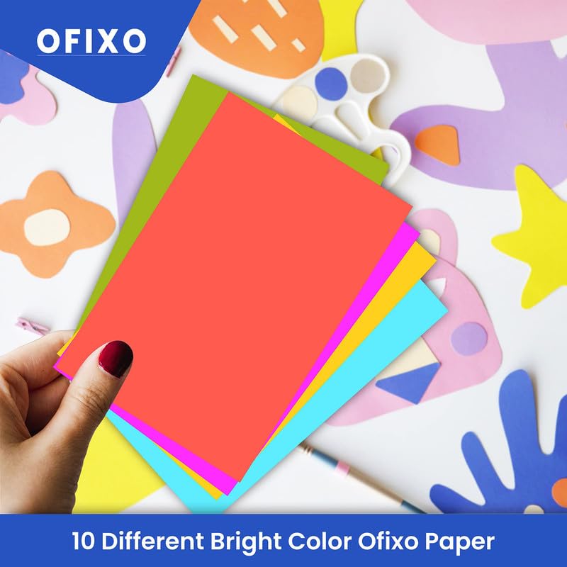 OFIXO 100 Pieces Colour Sheets Copy Printing Papers/Art and Craft Paper A4 Sheets Double Sided Coloured Origami Folding DIY Craft Smooth Finish Home, School, Office Stationery (10 Sheets each color)