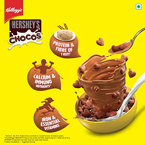 New Kellogg’s HERSHEY’S Chocos 325g with Power of 5+ | Protein & Fibre of 1 Roti* | High in Calcium & Iron | Immuno Nutrients** | Essential Vitamins| Chocolatey Breakfast Cereal for Kids