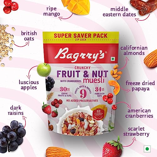 Bagrry's Crunchy Muesli With 30% Fruit & Nut Cranberries 750gm Pouch |34% Fibre Rich Oats|No Sugar Infused Fruits|Real Fruits|Breakfast Cereal|Protein Rich|Cranberry Muesli