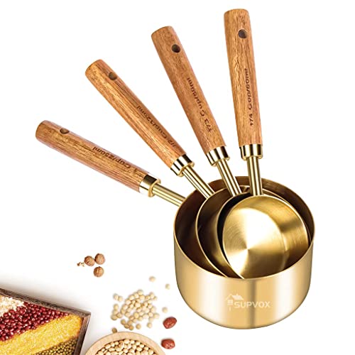 Supvox® Measuring Cups and Spoons with Wood Handle Set of 8, Stainless Steel, Golden Polished Finish, Baking Tools, Dry & Liquid Measuring Cup for Cooking