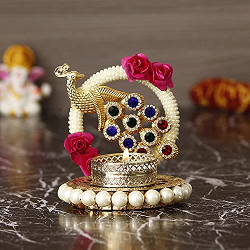eCraftIndia Metal Peacock with Stones Handcrafted Tea Light Candle Holder for Diwali Festival, Home Decor, Table Decoration, Gift