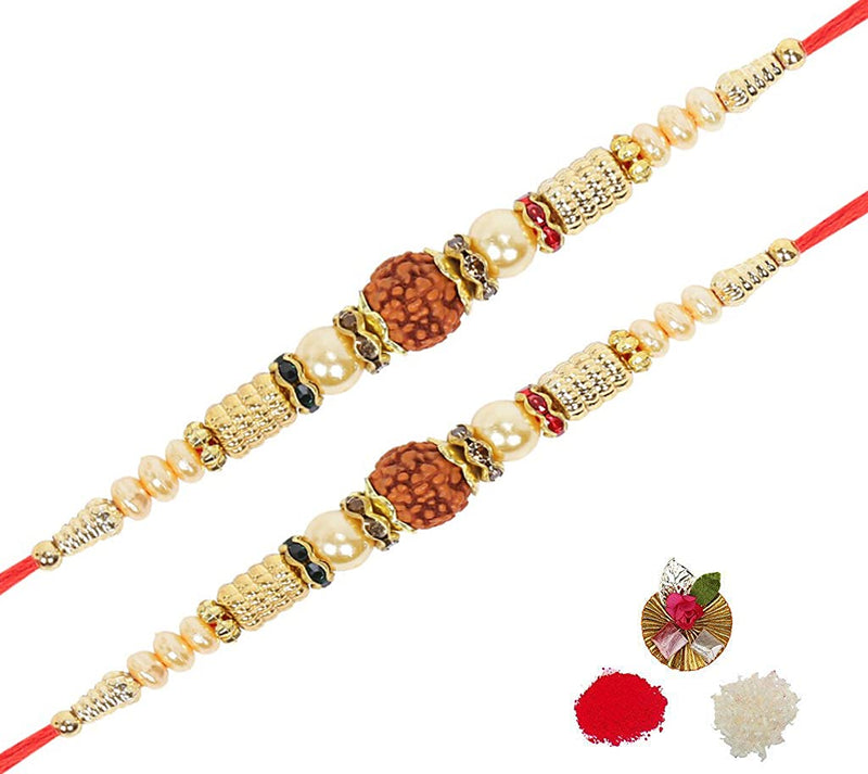 Riddhika Ventures Brown Rudraksh & Pearl Rakhi Set of 2 with Roli Chawal & Greeting Card (H1H1)