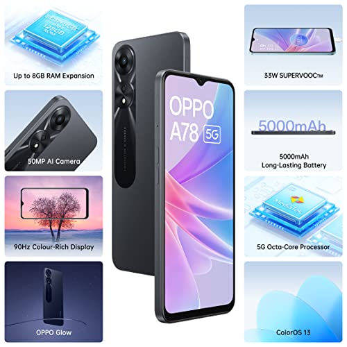 Oppo A78 5G (Glowing Black, 8GB RAM, 128 Storage) | 5000 mAh Battery with 33W SUPERVOOC Charger| 50MP AI Camera | 90Hz Refresh Rate | with No Cost EMI/Additional Exchange Offers