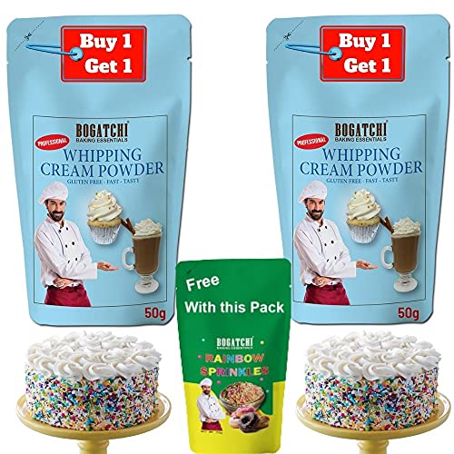 BOGATCHI Whipped Cream | Whipping Cream Powder, Whipping Cream for Cake, Premium Whipping Cream Powder, 50g + 50g Free One Extra Whipping Cream Powder + Rainbow Sprinkler(25g)