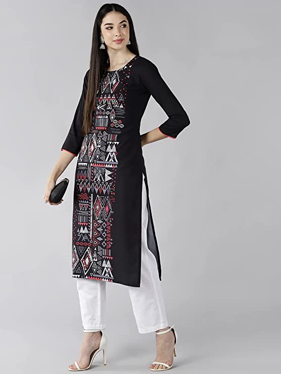 Vaamsi Women's Crepe Digital Geometric Printed Straight Kurta (VPK1619_Black_XL)