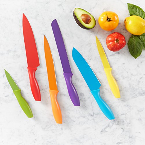 Amazon Basics 6 Stainless-Steel Colored Knives Set with Knife Covers