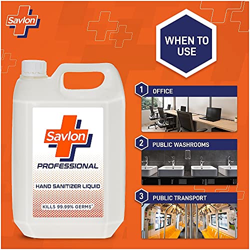 Savlon Professional Hand Sanitizer Liquid Refill Can|66.5% Alcohol based-5 Litre, Natural