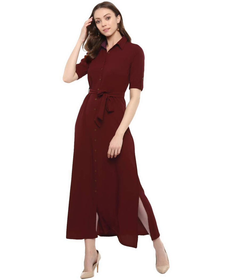 Uptownie Lite Women's Shirt Style Maxi Dress ( Maroon Medium )