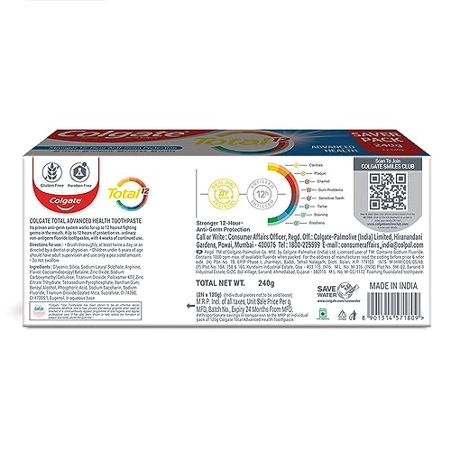 Colgate Total Whole Mouth Health, Antibacterial Toothpaste, 120gm + 120gm (240gm) (Advanced Health, Saver Pack), World's No. 1* Germ-fighting Toothpaste