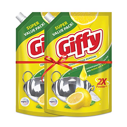 Giffy Lemon & Active Salt Dishwash Liquid Gel 900ml (Pack of 2) Refill Pack|2x Faster Tough Grease Removal|Utensils Cleaning Dish Wash Liquid Super Saver Offer