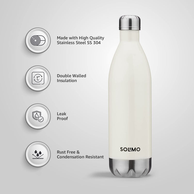 Amazon Brand - Solimo Stainless Steel Insulated 24 Hours Hot or Cold Bottle Flask, 1000 ml, White