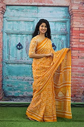 Kiaaron Women's Ikat Hand Block Print Jaipuri Cotton Mulmul Saree with Blouse Piece - Yellow_61