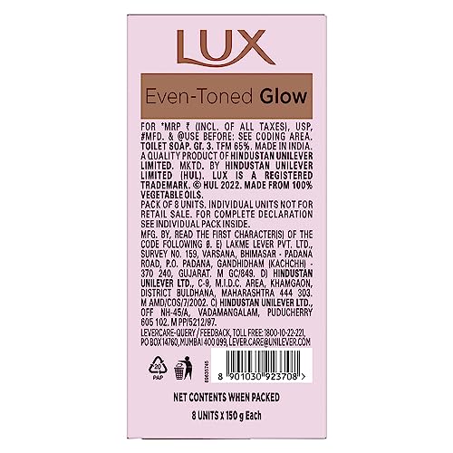 Lux Even-Toned Glow Bathing Soap infused with Vitamin C & E For Superior Glow Offer Pack of 8 x 150g