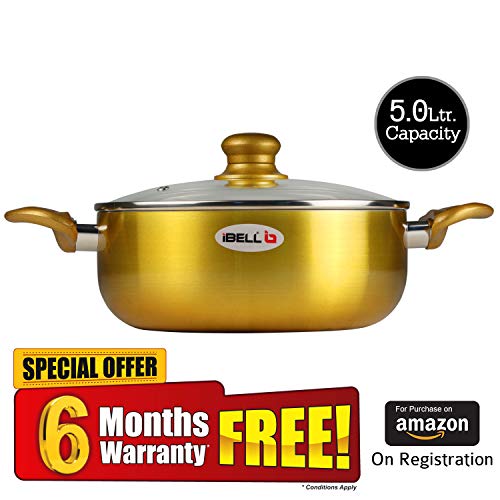 iBELL CS26C Ceramic Casserole 5.0 Litres with Glass Lid, Induction & Gas Compatible Cookware, 2.5mm Thickness, 3 Layer Ceramic Interior, Golden Finish