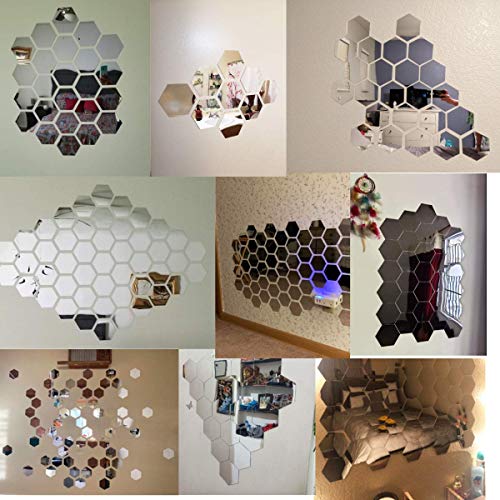 Bikri Kendra 32 Hexagon with 20 Butterfly Silver mirror stickers for wall, hexagon mirror wall stickers, acrylic mirror wall decor sticker, hexagonal mirror wall sticker, wall mirror stickers, wall stickers for hall room, bed room, Kitchen. (Silver32)