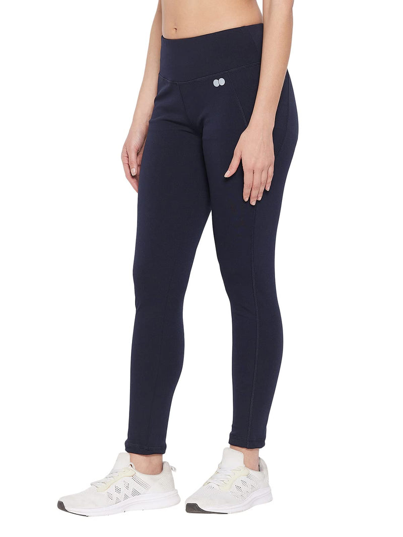 Clovia Women's Snug Fit Polyester Active Tights in Navy with Reflective Logo (AB0042K08_Blue_L)