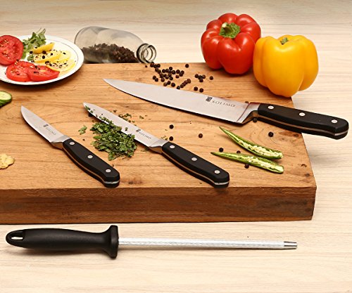 Amazon Brand - Solimo Premium High-Carbon Stainless Steel Kitchen Knife Set, 4-Pieces (with Sharpener), Silver