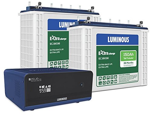 Luminous Inverter & Battery Combo (Zelio 1700 Pure Sine Wave 1500VA/12V Inverter with Eco Charge EC 18036 Tubular150Ah Battery - 2 Batteries) for Home, Office & Shops