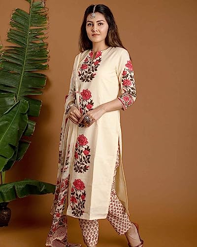 GoSriKi Women's Rayon Blend Straight Printed Kurta with Pant & Dupatta (Actual-Cream-GS_L_Cream_Large)