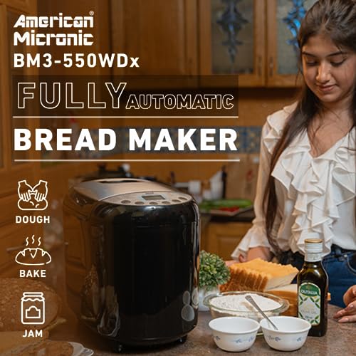 AMERICAN MICRONIC-Atta & Bread Maker, Fully Automatic, 19 Pre-Programmed Menus for Atta Kneading and Bread making, 3 Crust Colours, Delay Timer, LCD Display, 550W (Black & Steel)-AMI-BM3-550WDx