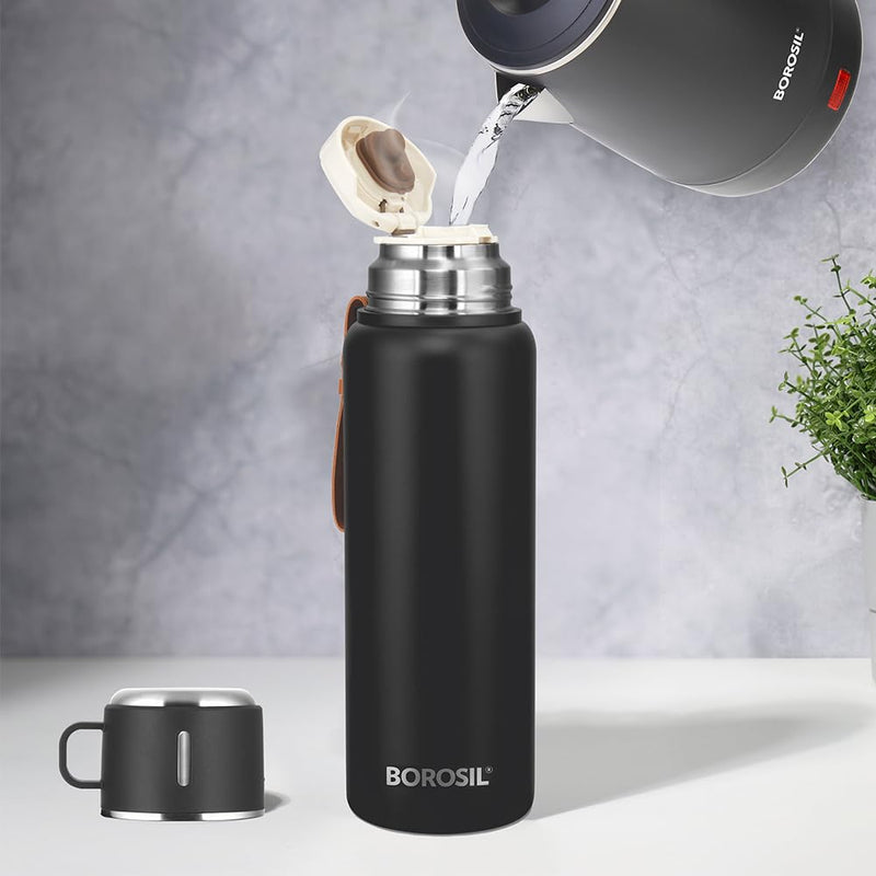 Borosil Hydra Cruise 900 ml Insulated Water Bottle, Black Stainless Steel Bottle, with Double Wall Vacuum Insulation, 17 Hours Hot & 20 Hours Cold, 1 Year Warranty