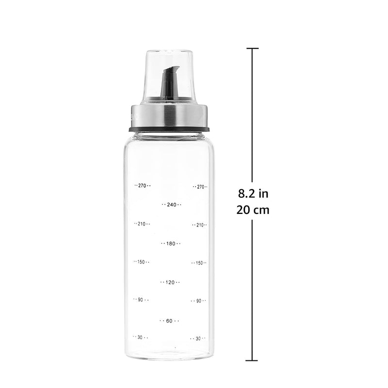 Amazon Brand - Solimo Oil Pourer with Leak-proof and Spill-proof Plastic Closure, and Measurements; Microwave-safe, Freezer-safe, and Dishwasher-safe, Borosilicate Glass, 300 ml