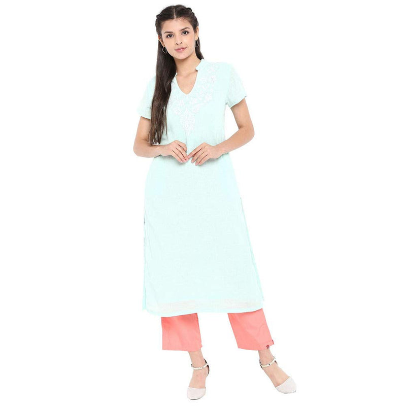 BIBA Women's Cotton Straight Kurta (CHIKANKA14740_Aqua Blue_32_Aqua Blue_S)