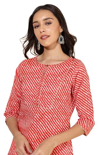 Janasya Women's Red Cotton Striped Straight Kurta(JNE4241-KR-XL)