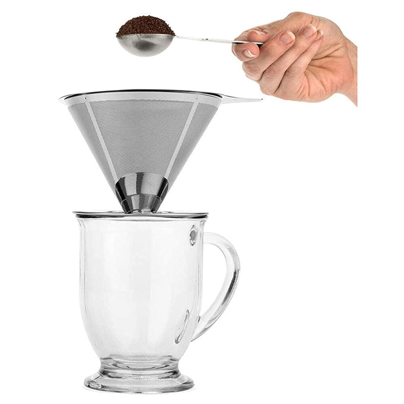 HASTHIP® Pour Over Coffee Dripper-Stainless Steel Reusable Drip Cone Coffee Filter-Paperless Metal Fine Mesh Strainer Coffee Brewer-Coffee Maker 1-6 Cup With Non-slip Cup Stand and Cleaning Brush