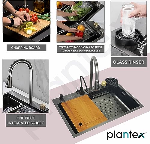 Plantex Fully Equipped Kitchen Sink with Integrated Waterfall and Pull-down Faucets/304 Grade Stainless Steel Sink - Nano Black Finish (30 x 18 Inch)