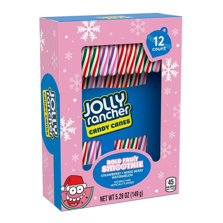 Jolly Rancher Candy Canes Assorted Flavour Strawberry, Mixed Berry, Watermelon 12 Count 149g (Specialy Crafted For Cristmas)