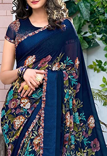 GoSriKi Women's Georgette Blend Printed Saree With Blouse Piece (MAHA-BLUE-GS_Blue_Free Size)