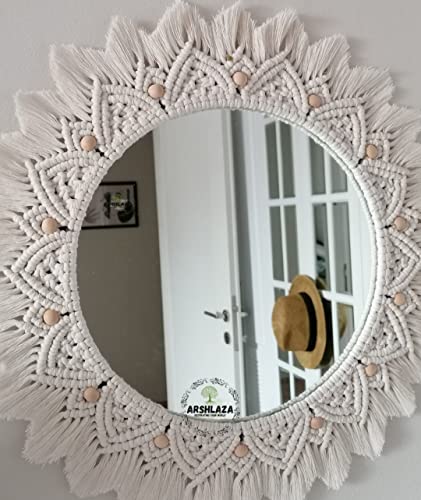 ARSHLAZA Macrame Hanging Wall Mirror with Macrame Round Mirror Art Boho Decor Macrame Decorative Mirror [M9] framed, off-white